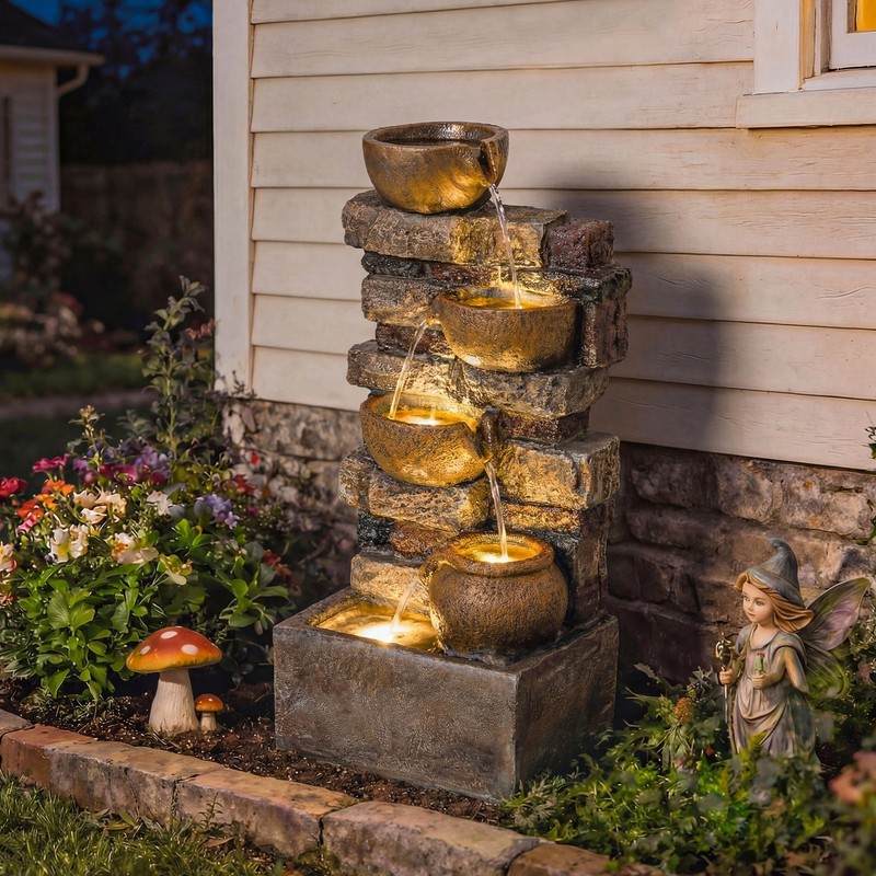 Outsunny Outdoor Fountain with LED Lights, Resin Garden Fountain