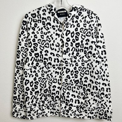 Monrow Girls Hoodie Size 14 Leopard Print Zip Up White Black NEW