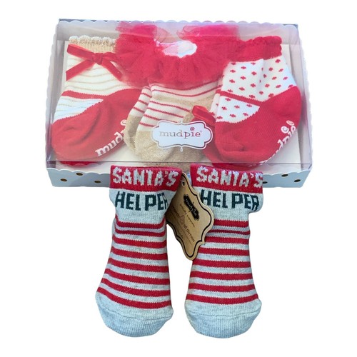 Mud Pie Christmas Socks Baby Girl Red Santa Helper Socks Newborn 4 Pairs