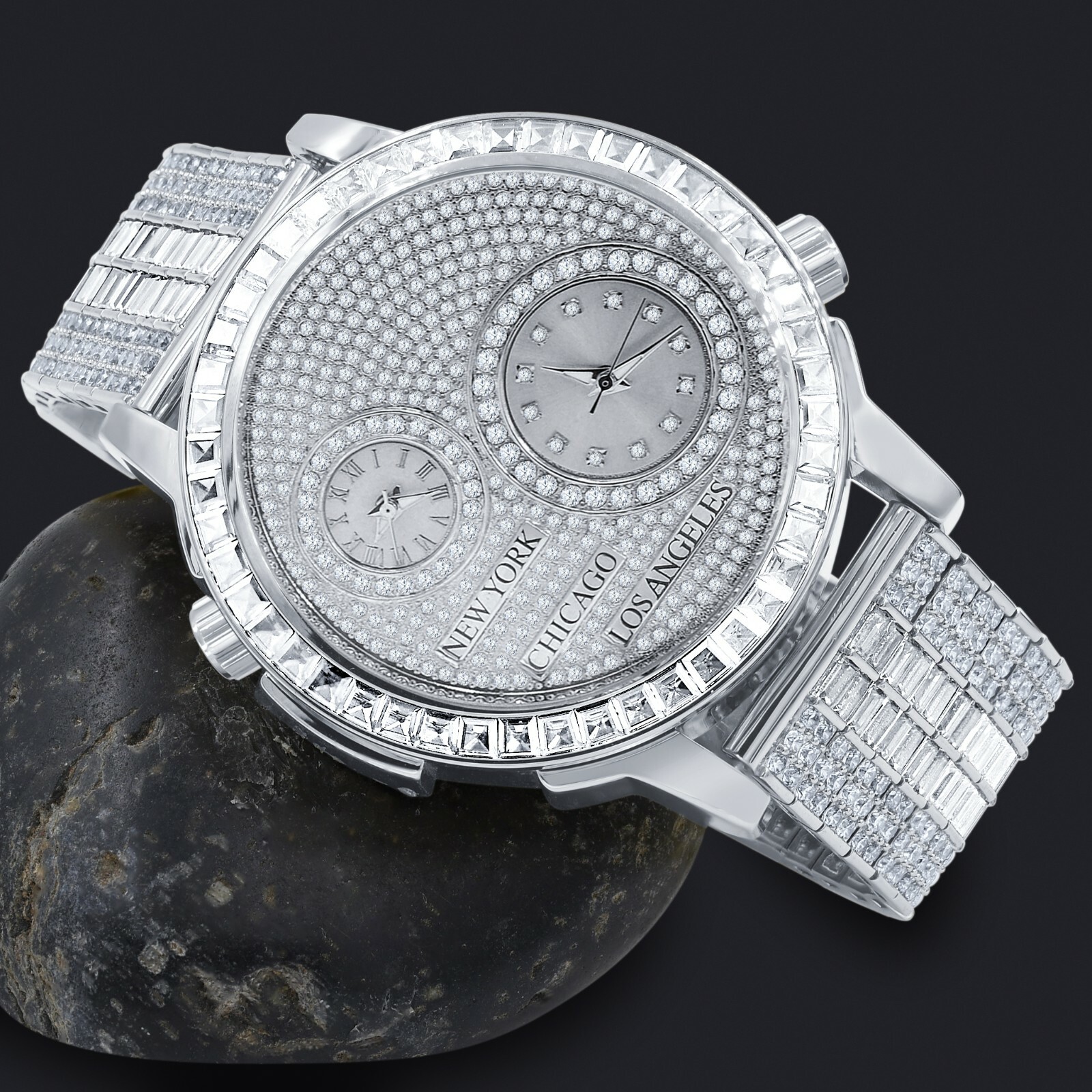Pre-owned Ice Master Genuine Diamond White Gold Tone 2 Time Zone Chronograph Baguette Dial Band Watch
