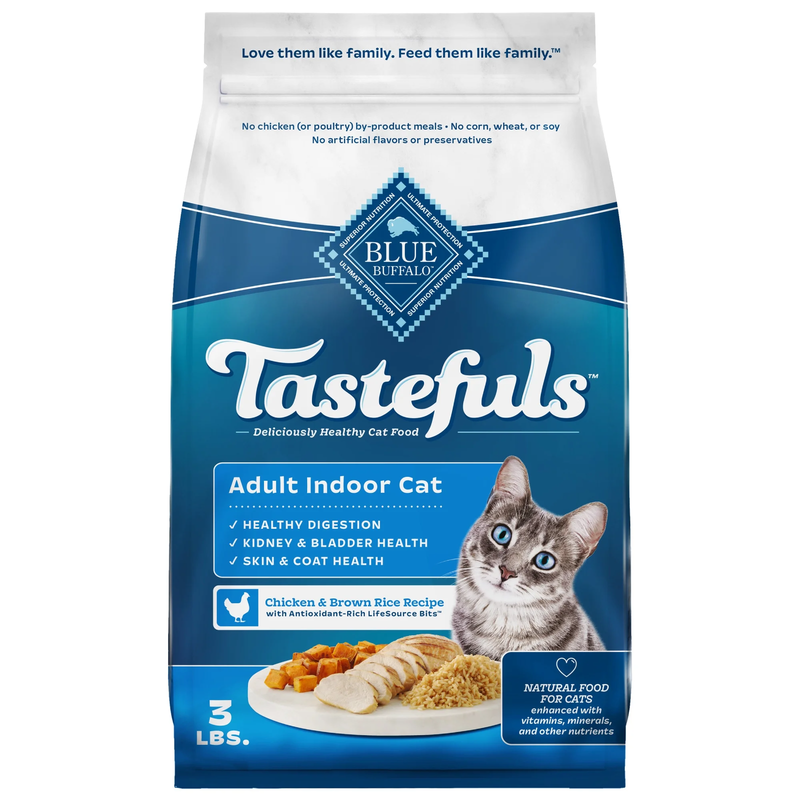 Tastefuls Adult Dry Cat Food for Indoor Cats, Chicken & Brown Rice, 3-Lb. Bag