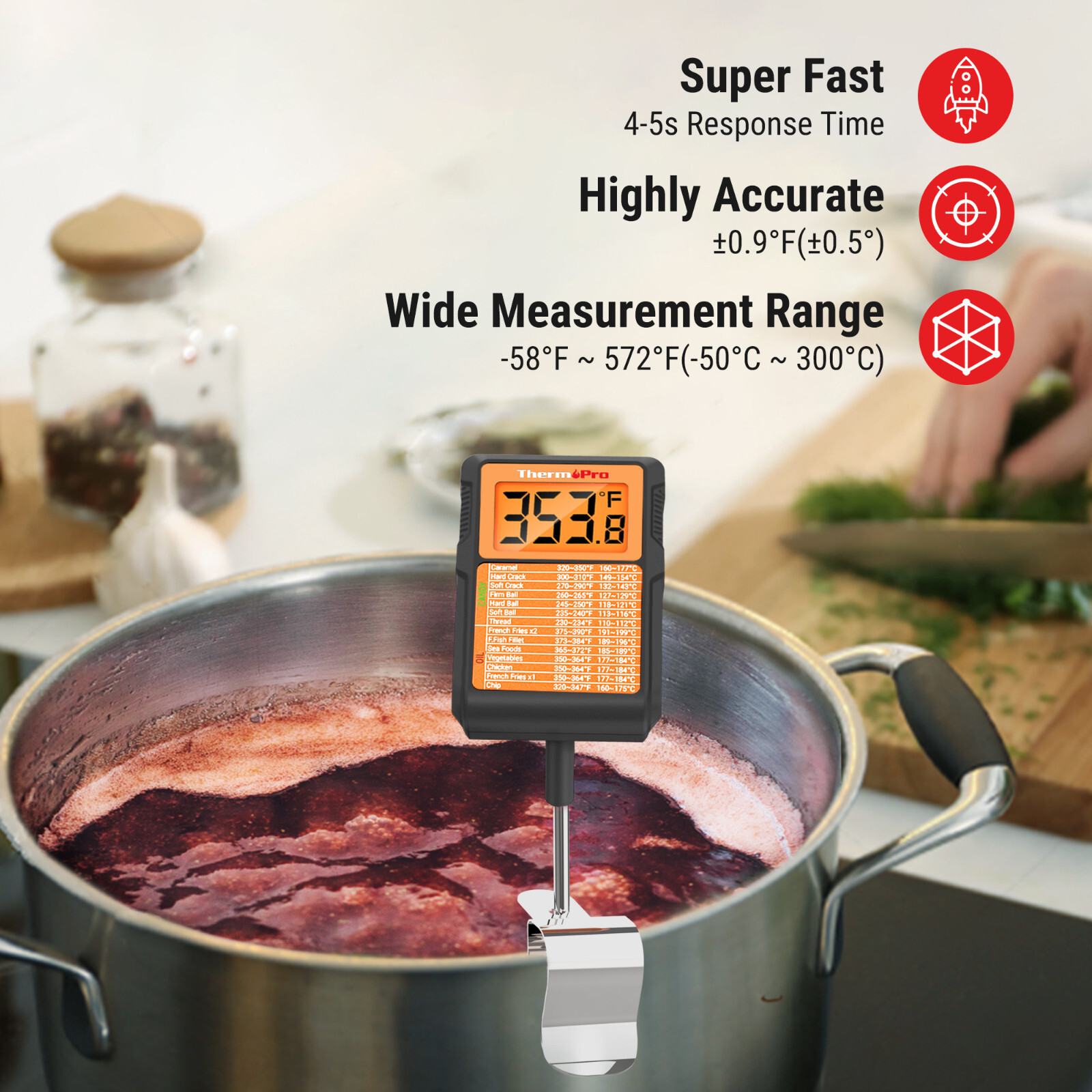 ThermoPro TP510W Waterproof 8' Long Probe Candy & Meat Thermometer with Pot Clip