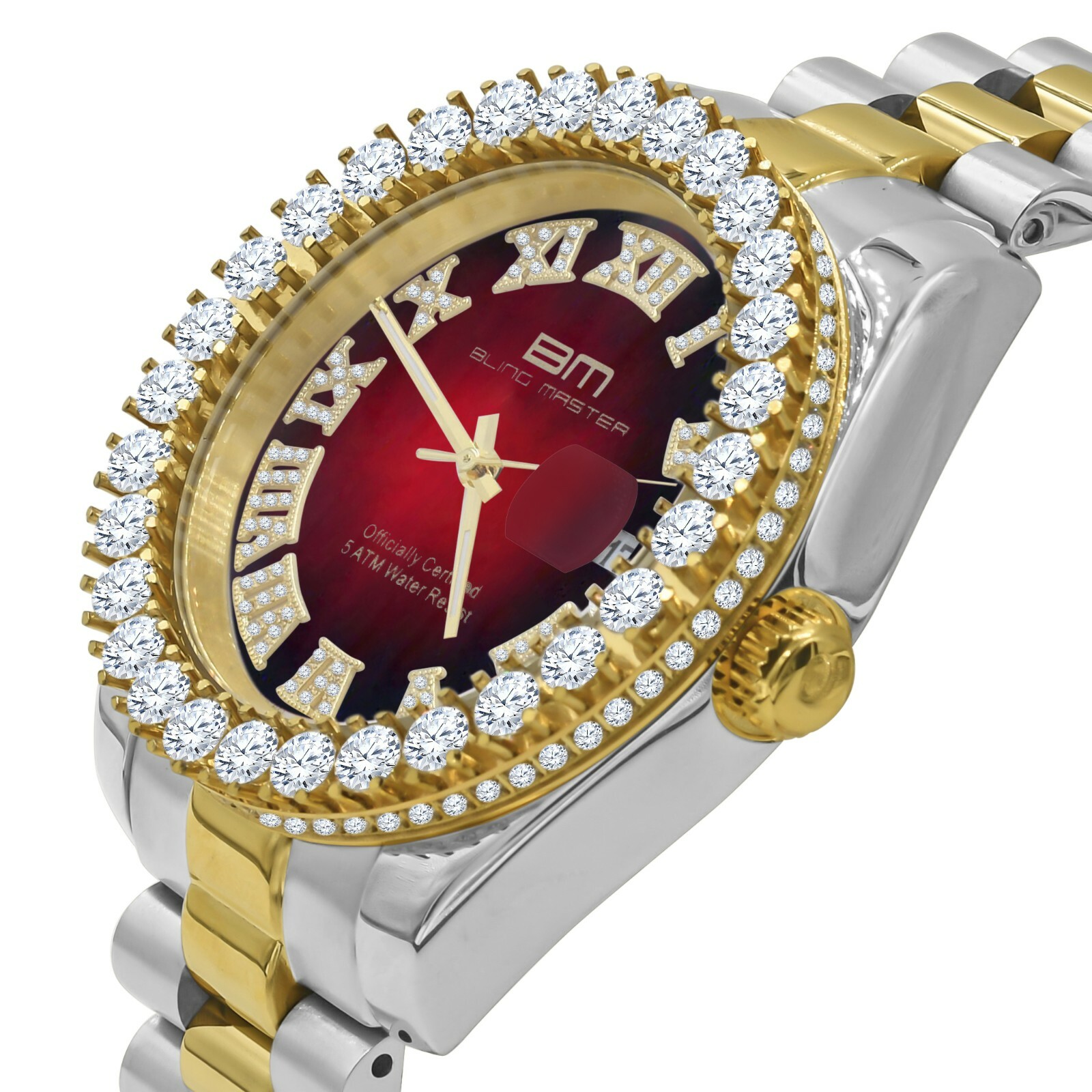 Pre-owned Bling Master - Overlord Red Dial Roman Face Full Stainless Steel Men's 18k 2 Tone Gold Finish 42mm Watch