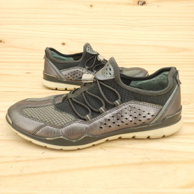 Ecco Women's Slip Sneakers Sz 6 Gray Leather Athletic Shoes Bungee Casual