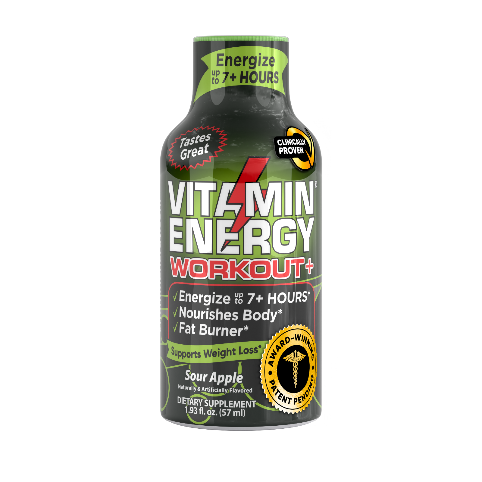 (24 Pack) Vitamin Energy® Workout+ Sour Apple Energy Shots, Clinically Proven