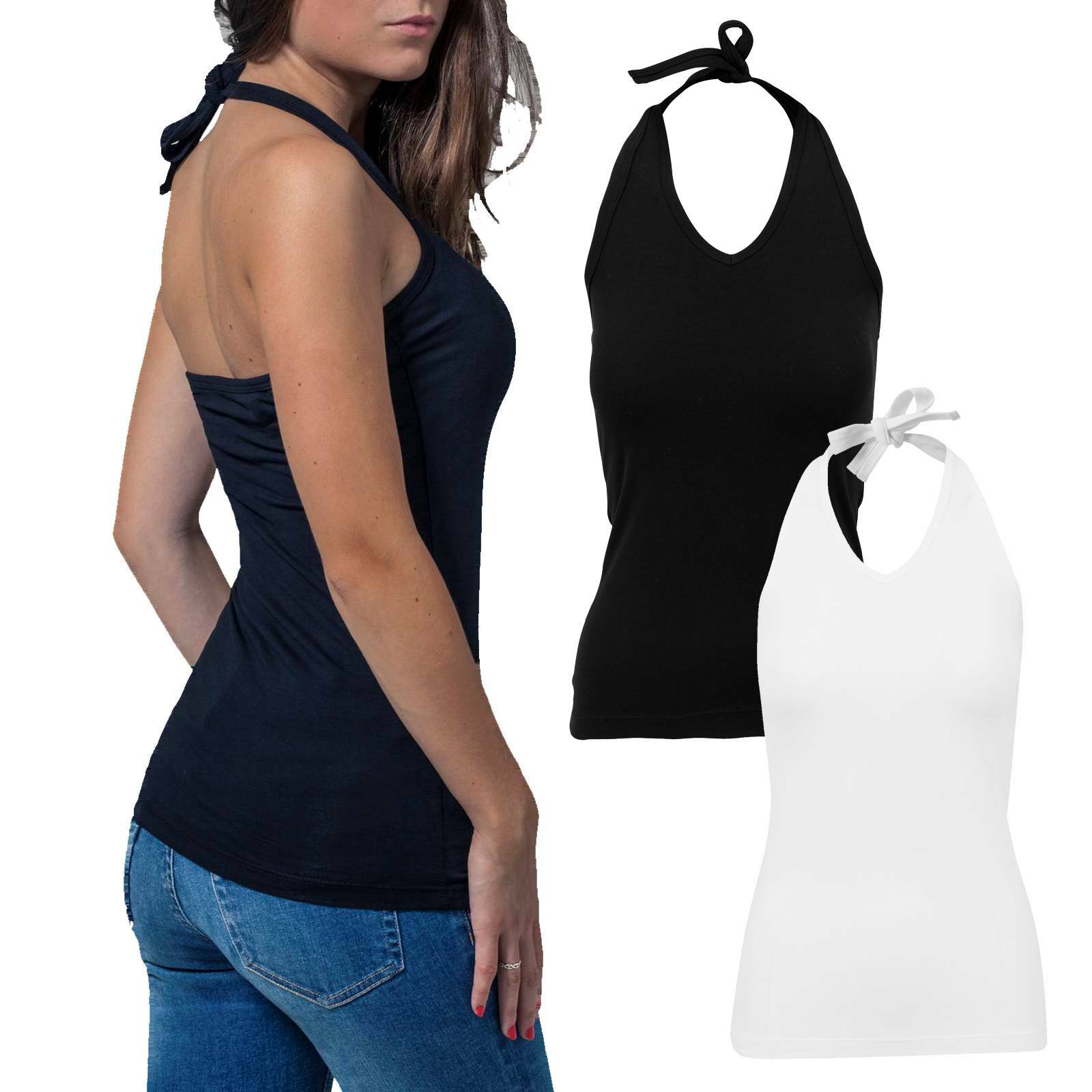 Neckholder Shirt Damen Stretch Tank Top ärmellos rückenfrei Trägershirt