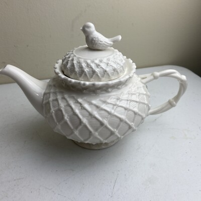 Grace s Tea Ware White Porcelain Victorian Style Teapot  Bird On Lid..Lattice
