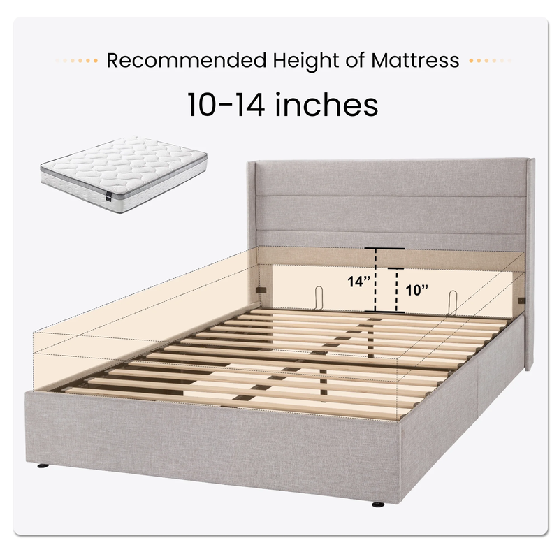 Beige Queen Size Lift up Platform Bed Frame with Headboard, Wingback & Storage,