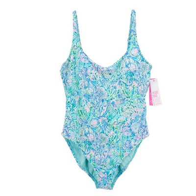 NWT LILLY PULITZER Brin Scoop Neck One Piece Swimsuit Surf Blue Soleil It Sz 16