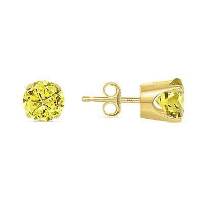 Pre-owned Shine Brite With A Diamond 2.25 Ct Round Canary Earrings Crown Set Studs Solid 14k Yellow Gold Push Back