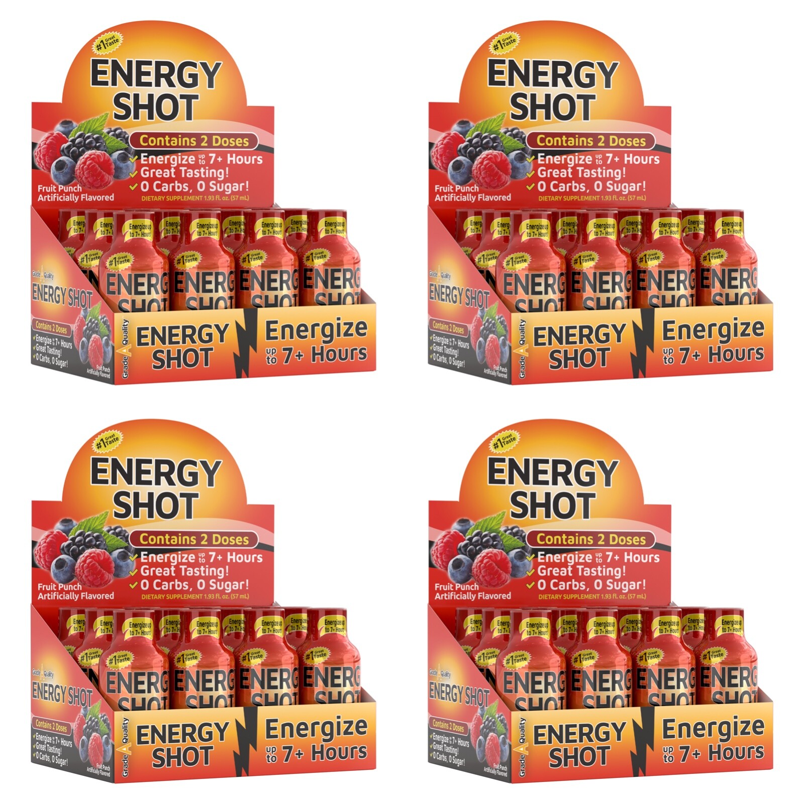 (48 Pack) Grade A Quality Fruit Punch Energy Shots, Energy Lasts Up to 7+ Hours
