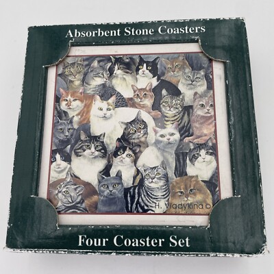 Stone Art Coasters Set of 4 Kitty Cats Absorbent Stone 