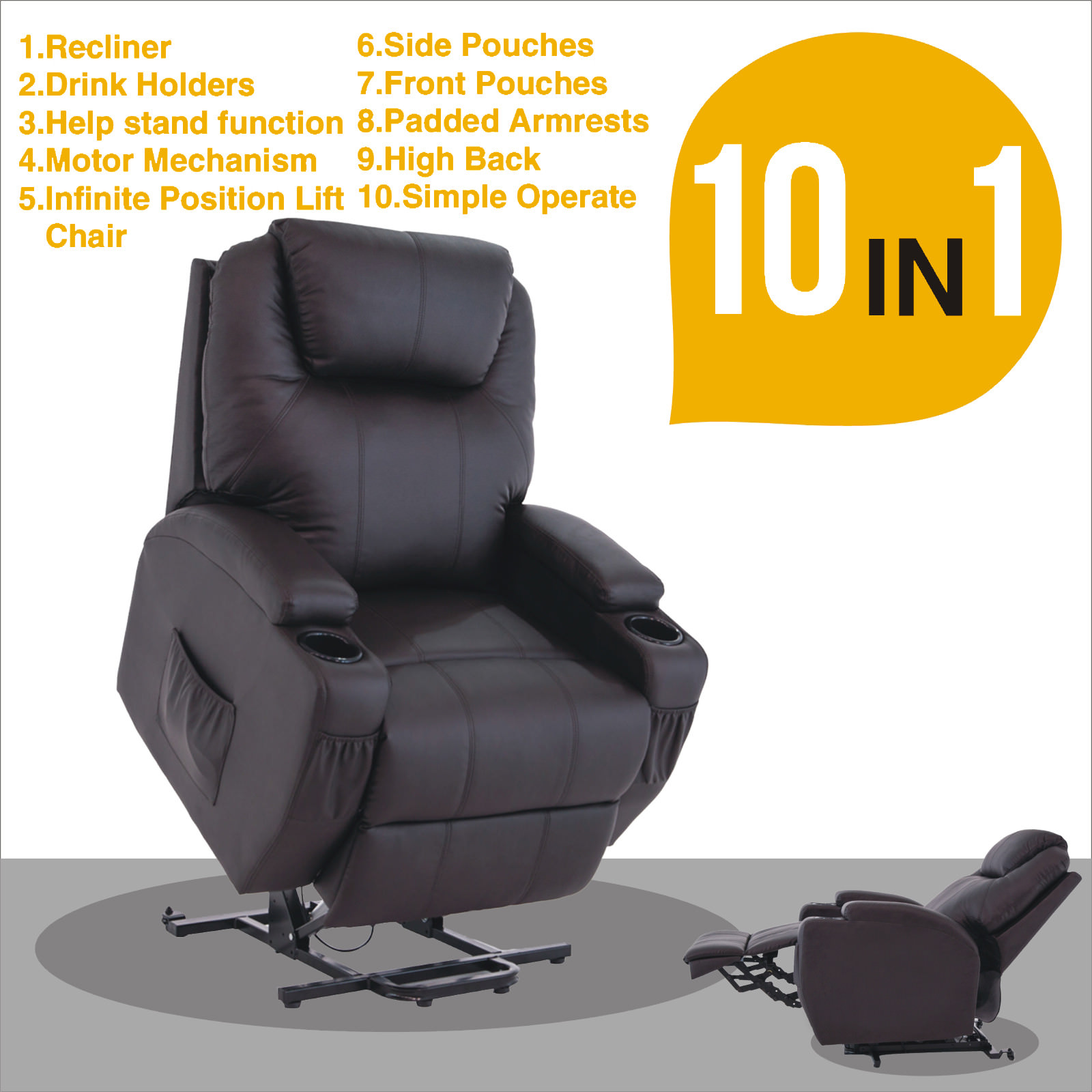 Black Power Lift Recliner Armchair Chair Leather Lounge Seat Chair