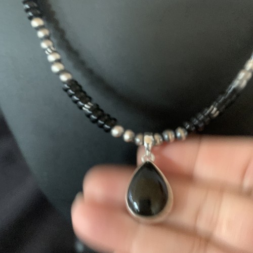 Pre-owned Handmade Mens Black Onyx Pendant Navajo Pearls Sterling Silver Necklace 11906