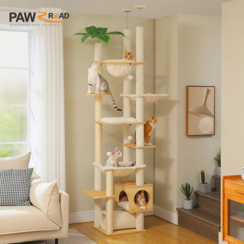 PAWZ Road Wood Cat Tree Tower Floor to Ceiling Scratching Post with Hammock Beds