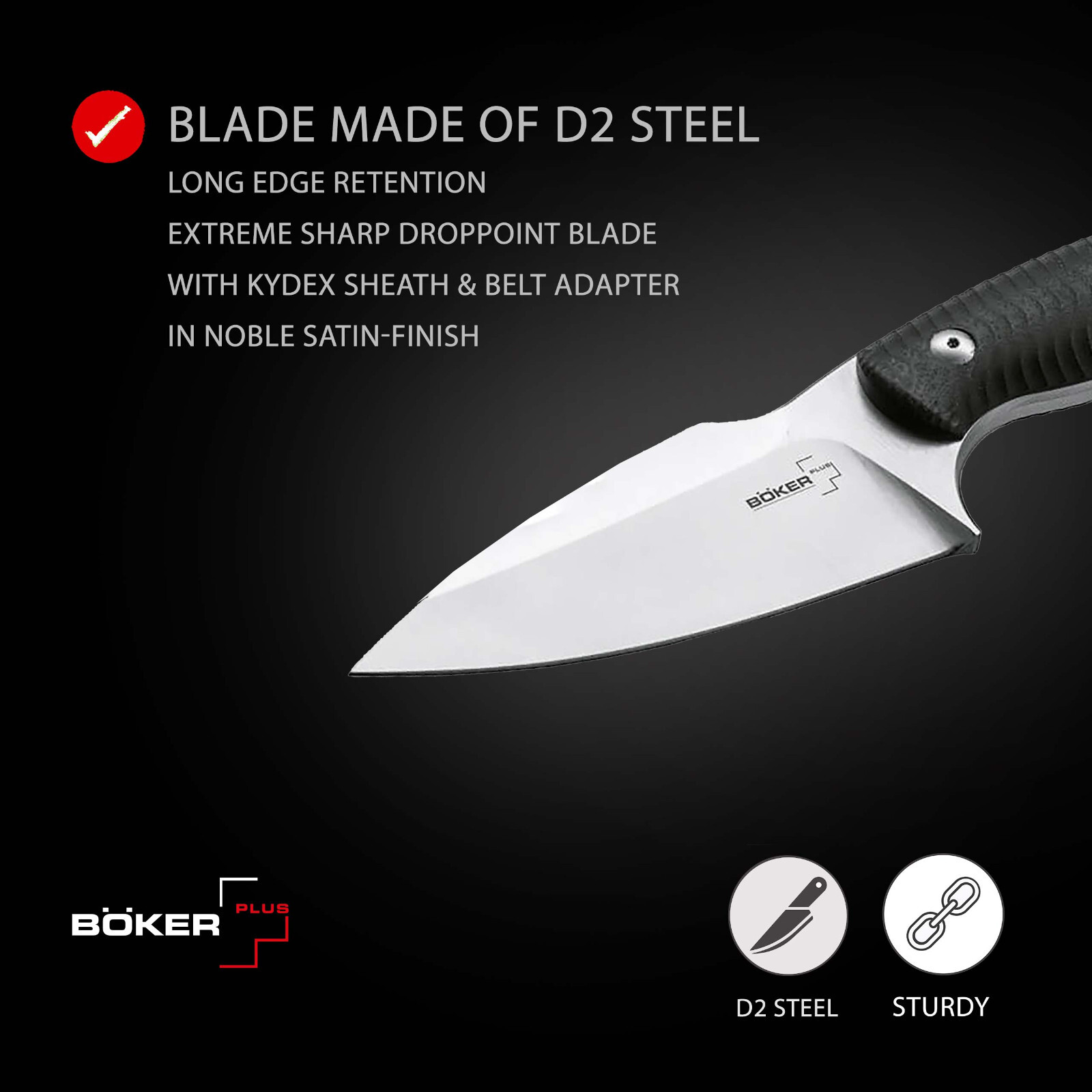 Boker Plus Accomplice D2 Blade 3.23" Fixed Knife G10 Handle Kydex ✔️ 02BO176