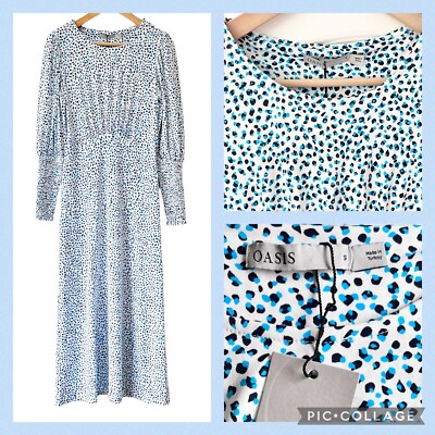 Oasis Leopard Maxi Dress - Size S 8-10 Blue Animal Print Midaxi Side Split BNWT 