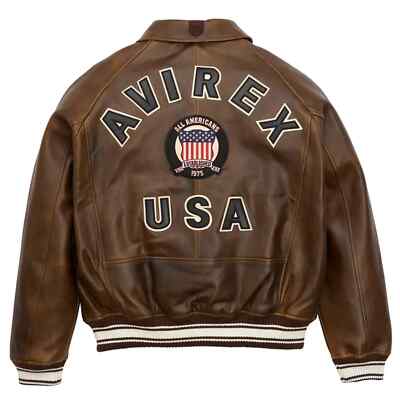 Men's New Iconic Avirex Brown Bomber American Flight Varsity Real Leather Jacket