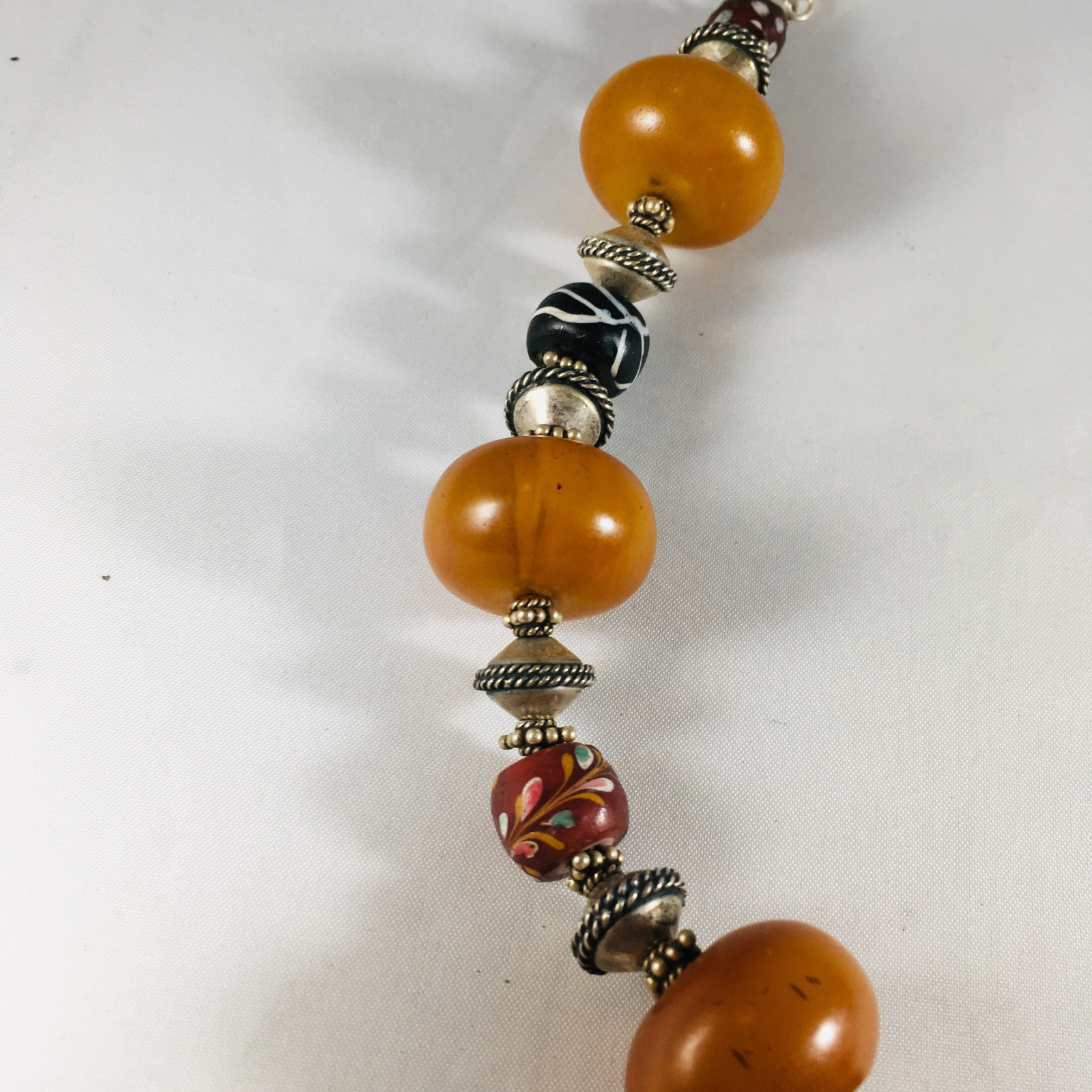 Vintage African Trade Bead Necklace with Amber and Sterling silver Ball pendant