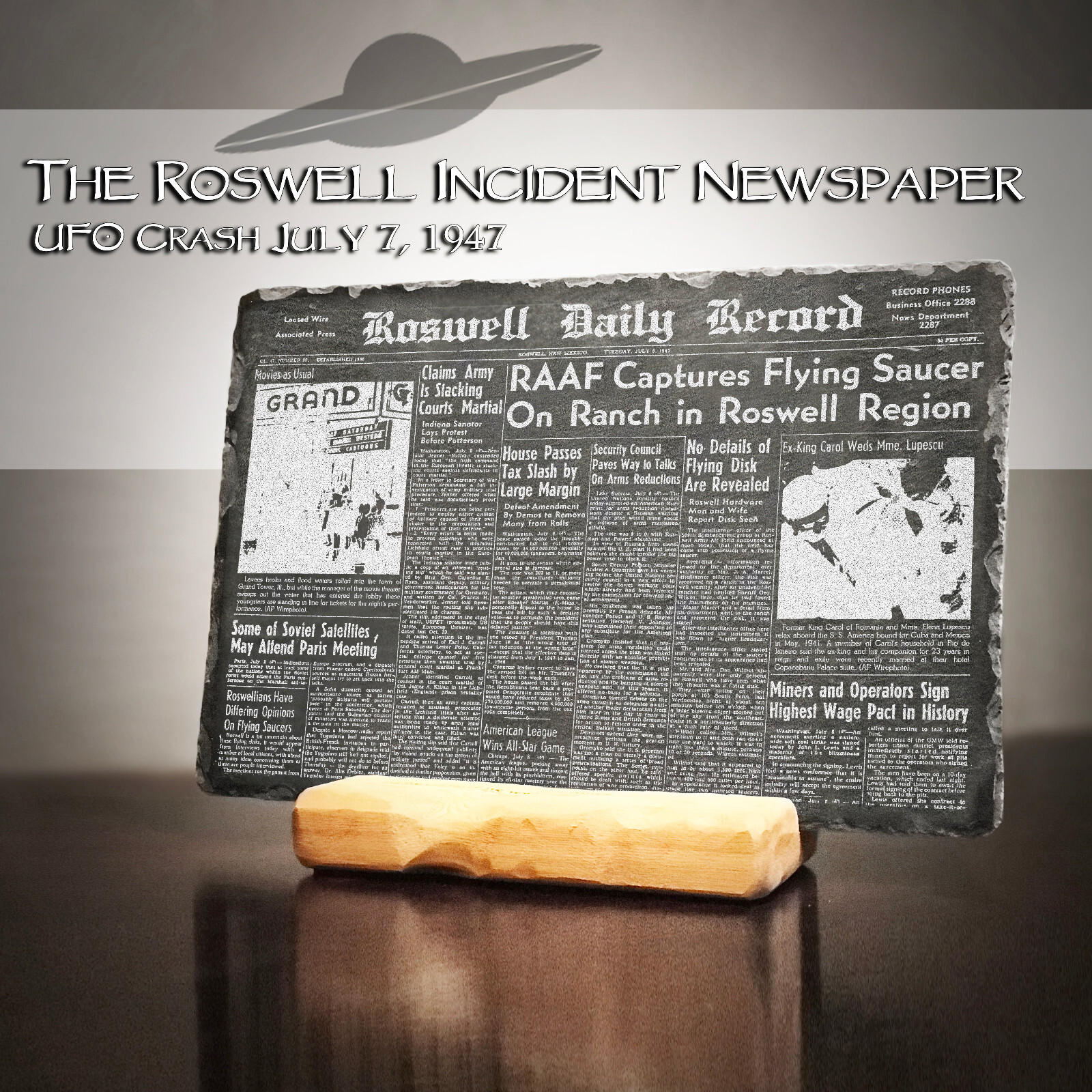 Roswell Incident UFO Crash New Mexico 1947 Aliens Newspaper on Black Slate