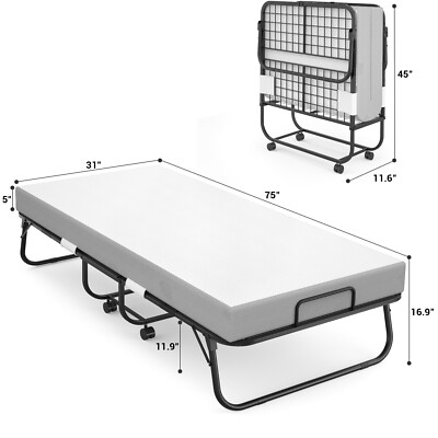 Rollaway Bed with 5 Inch Foam Mattress, Twin Size Portable Foldable Guest Bed