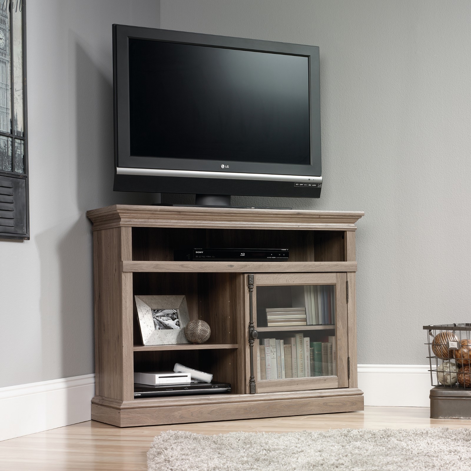 Barrister Corner Tv Stand Glass Door Storage In Classic Dark Oak