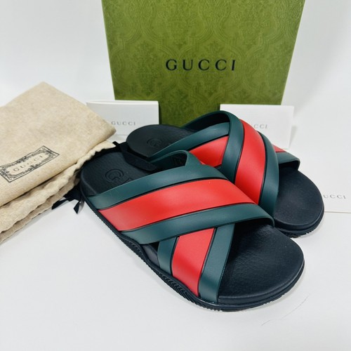 Pre-owned Gucci Agrado Black Rubber Web Slide Sandal Slip On Green Red Crisscross Sz 7 In Multicolor