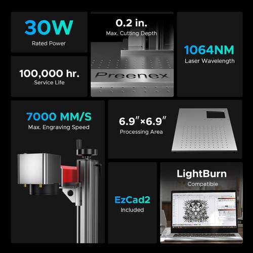 Preenex 30W JPT MOPA Fiber Laser Marker Marking Engraving Machine with 6.9x6.9