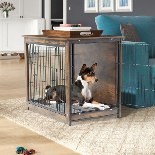 Large Modern Furniture Dog Cage End Table Wooden Kennel Pet Crate Double Doors