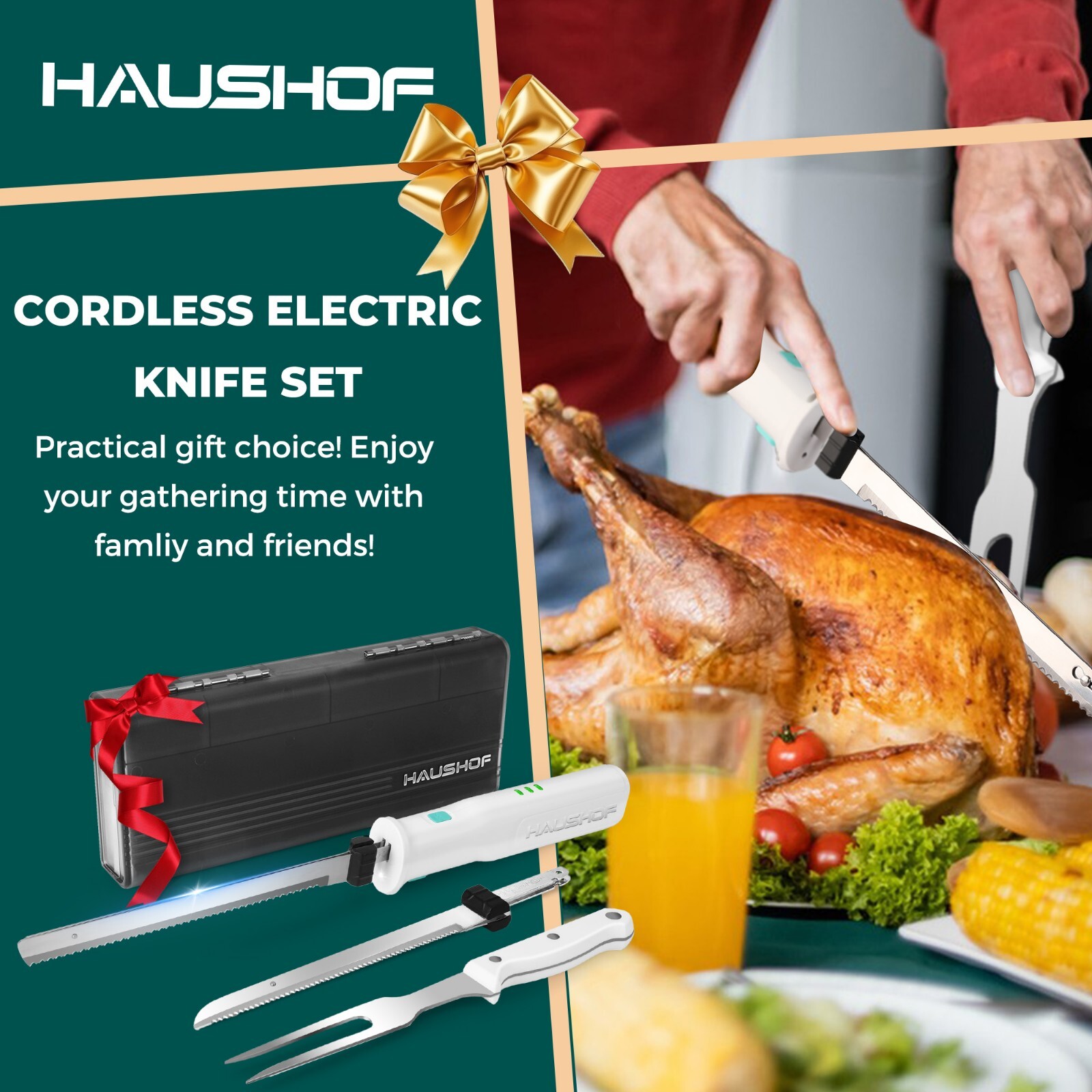 HAUSHOF Cordless Electric Knife Set for Meat Slicing 8V Stainless Steel Blades