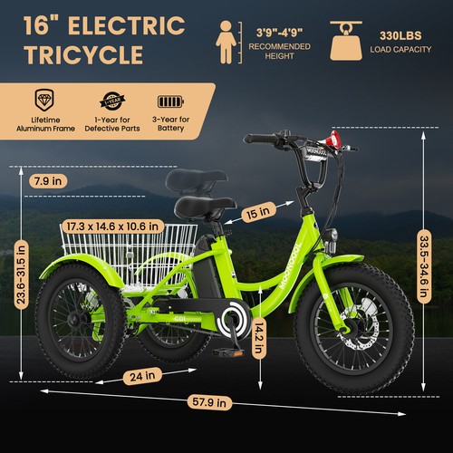 MOONCOOL16in 250W Electric Tricycle for Adults with UL 24V 10.4Ah Battery Basket