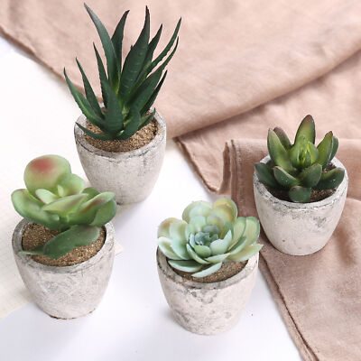 MyGift Set of 4 Assorted Decorative Artificial Succulent Plants with Gray Pots