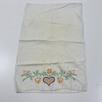Vintage Hand Embroidered Cross Stitch Bleeding Hearts White Pillowcase