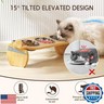 Polarduck Upgraded Elevated Cat Bowls with Food Mat: Raised Pet Food and Water Dishes for Cats with 15°Tilted Little Monster Bamboo Stand, 3 Stainless Steel Bowls and 1 Non-Slip Feeding Mat