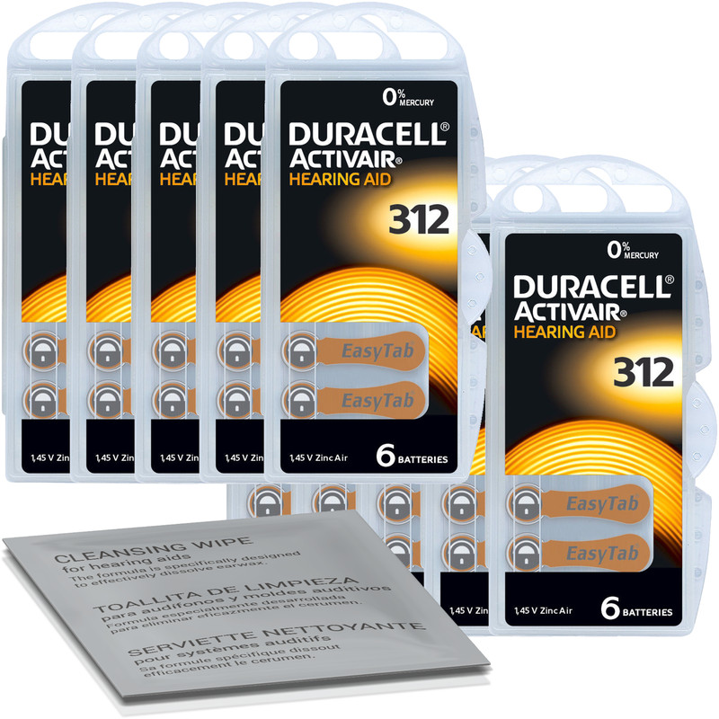 60x Duracell Activair 312 Braun HÃ¶RgerÃ¤Tebatterie (10x 6er Bl.) Reinigungstuch