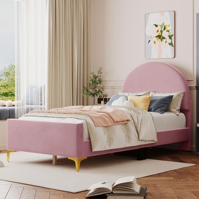 Twin Upholstered Platform Bed with Semi-circle Headboard, Velvet Mental Legs