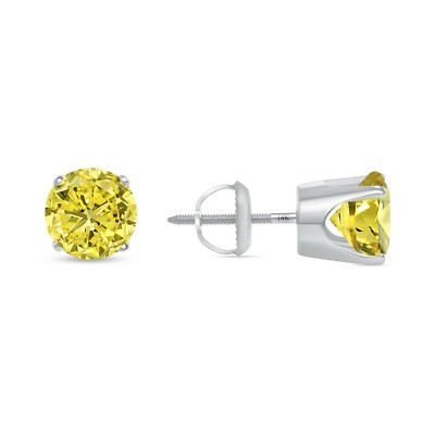 Pre-owned Shine Brite With A Diamond 3.50 Ct Round Canary Earrings Crown Set Studs Solid 14k White Gold Screw Back