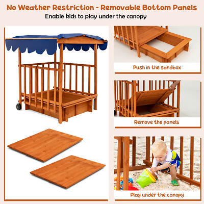 Wooden Retractable Sandbox with Cover & Built-in Wheels Kids Outdoor Playhouse