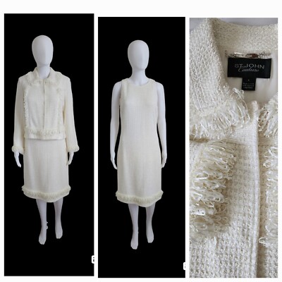 St. John Couture Cream White Tweed Jacket & Dress Set Fringed/Wedding 8