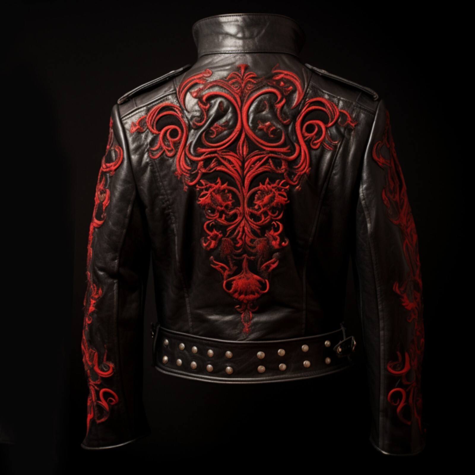 BLACK RED EMBROIDERED BLACK GOTHIC GENUINE COWHIDE LEATHER JACKET