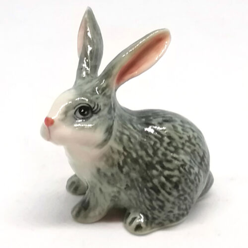 Ceramic Gray Rabbit Figurine Hand Painted Porcelain Farm Miniature Collectible