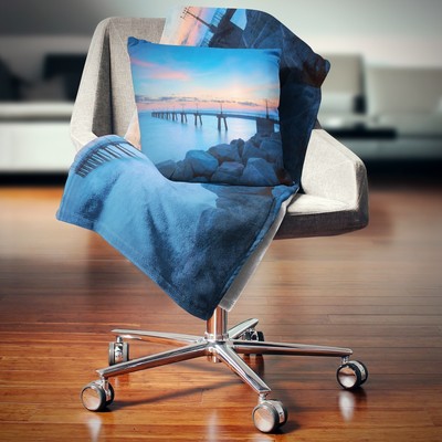 Designart 'Bluish Rocky Seashore with Pier' Sea Bridge Throw Blue 71 in. x 59 in