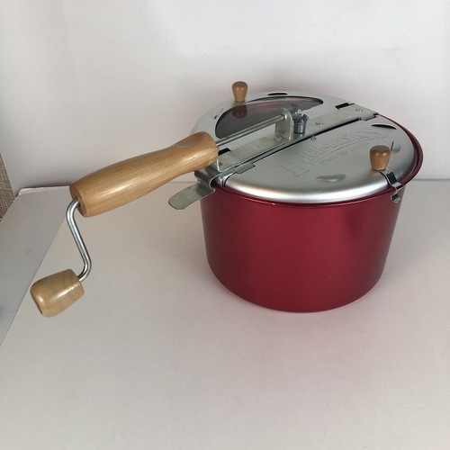 Back to Basics Stove top Popcorn Popper Red Aluminum Wooden Crank Handle Unused