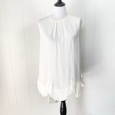 PRADA Silk Crepe De Chine Scalloped Hem Sleeveless Top Blouse Ivory Sz 44 Flaws*