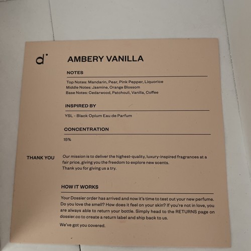 Dossier AMBERY VANILLA  Eau de Parfum Vegan Fragrance Perfume 1.7 Oz NEW IN BOX