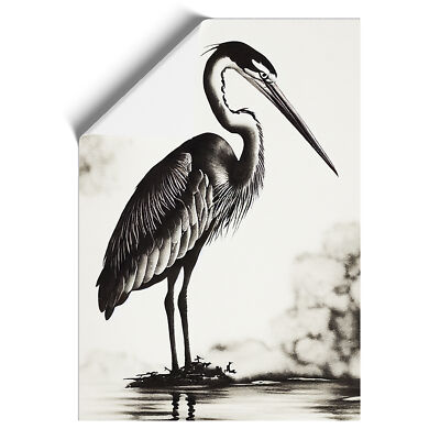Heron Ink Wash Wall Art Print Framed Canvas Picture Poster Decor Living Room
