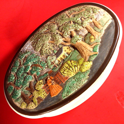 VINTAGE PORCELAIN DRESSER BOX 11 1/2  HAND PAINTED RAISED COUNTRY SCENE