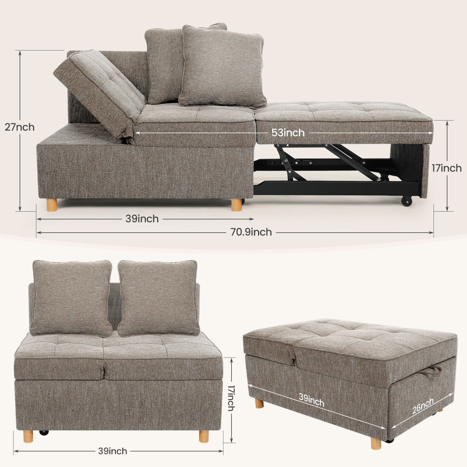 Folding Ottoman Sofa Bed Chair, 4-in-1 Sleeper Sofa