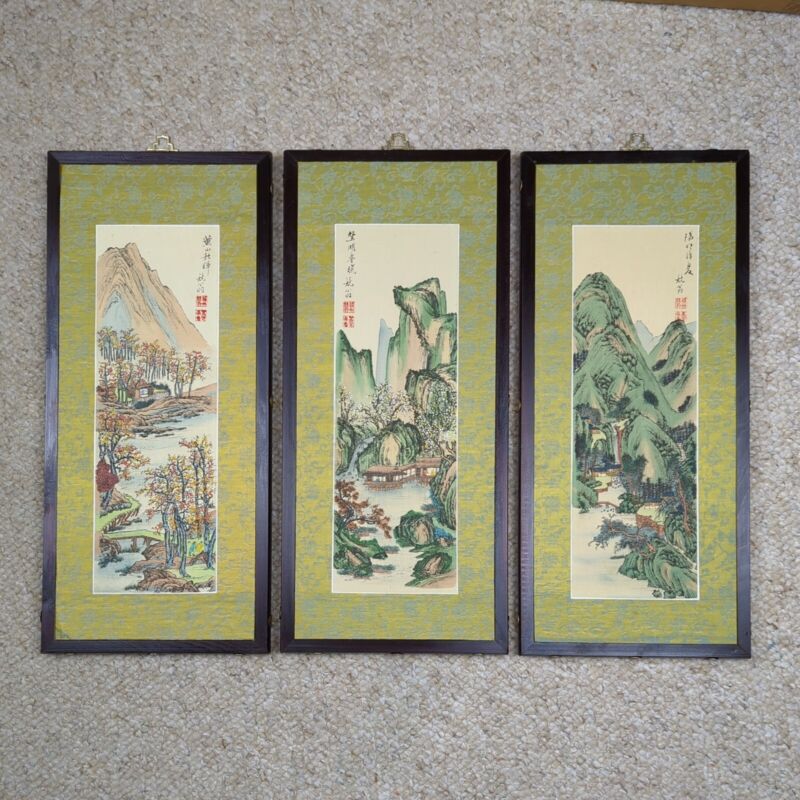 Chinese Traditional Silk Painting Set of 3 Oriental Art Mountains Lake Rural