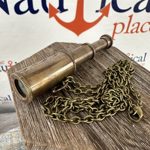 Antique Finish Brass Telescope w/ 27" Chain, Pocket Size Spyglass, Nautical